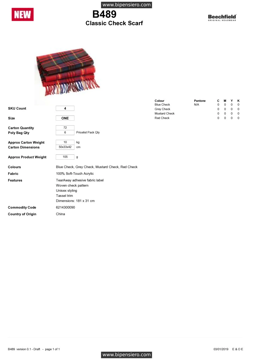 Scheda Tecnica - Tabella Taglie - Beechfield BE489