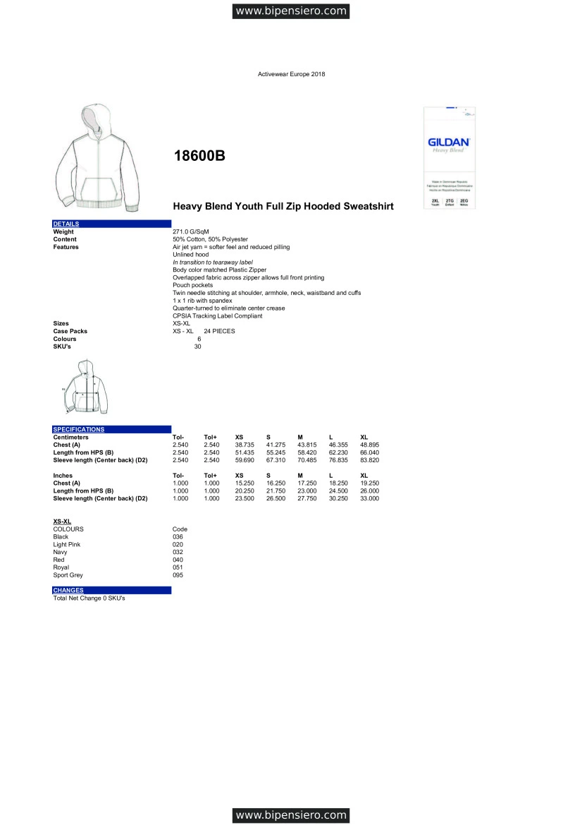 Scheda Tecnica - Tabella Taglie - Gildan GL18600B