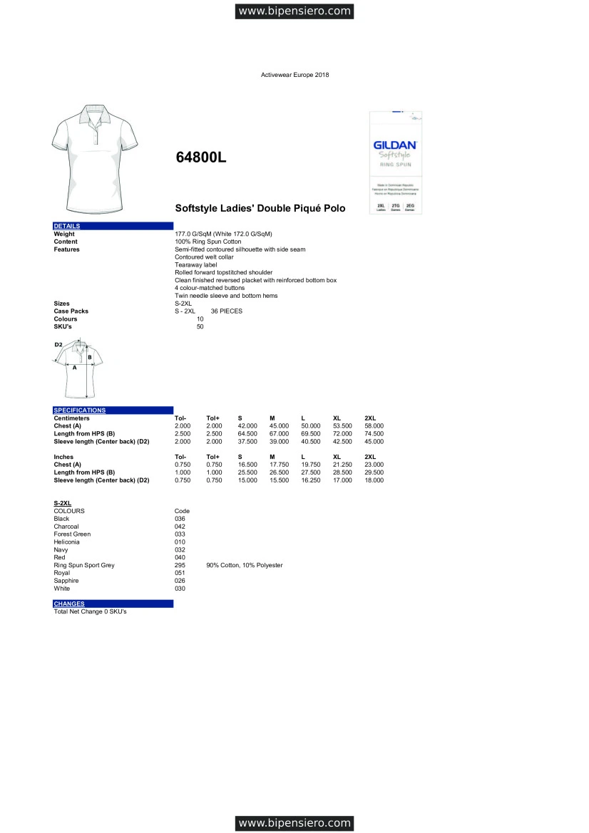 Scheda Tecnica - Tabella Taglie - Gildan GL64800L