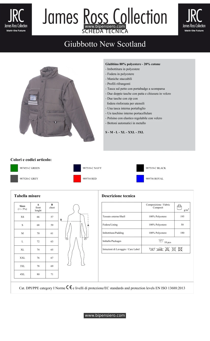 Scheda Tecnica - Tabella Taglie - James Ross Collection JRC-NEWSCOTLAND