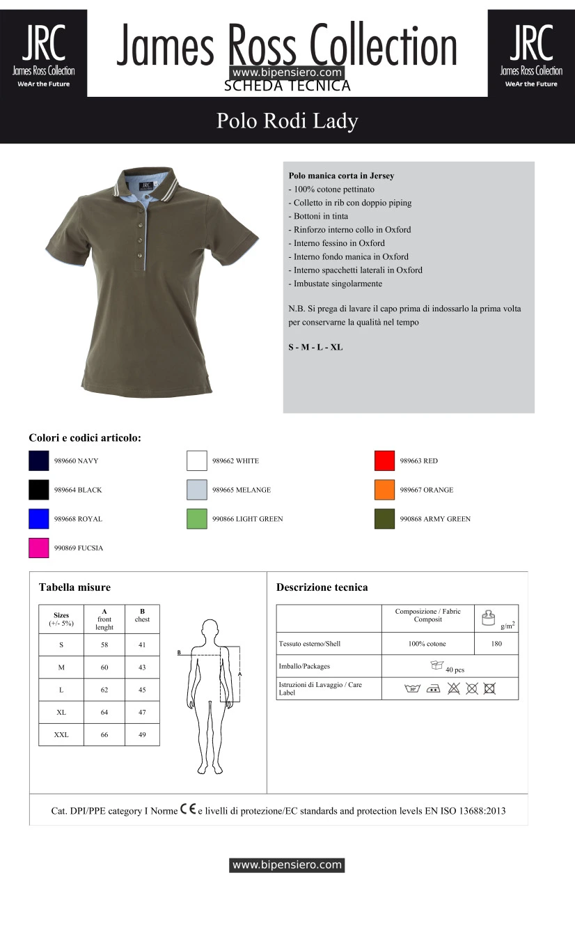 Scheda Tecnica - Tabella Taglie - James Ross Collection JRC-RODILADY