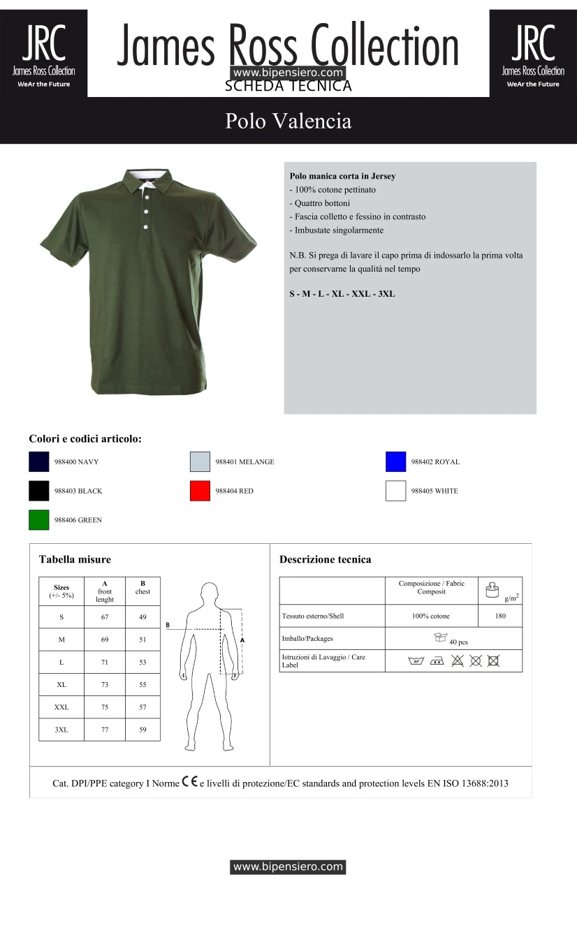 Scheda Tecnica - Tabella Taglie - James Ross Collection JRC-VALENCIA