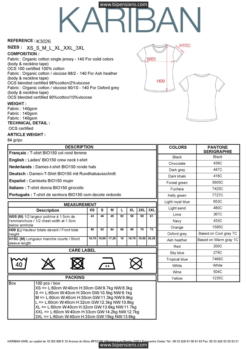 Scheda Tecnica - Tabella Taglie - Kariban K3026