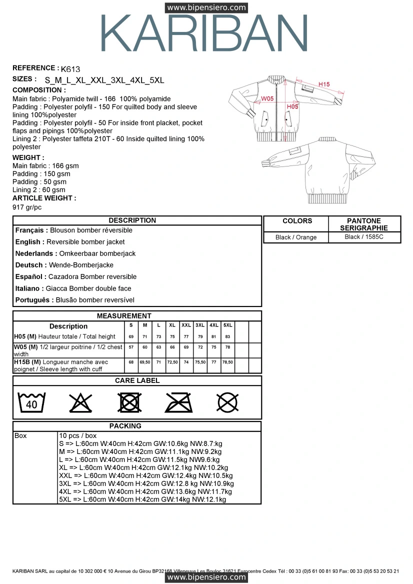 Scheda Tecnica - Tabella Taglie - Kariban K613