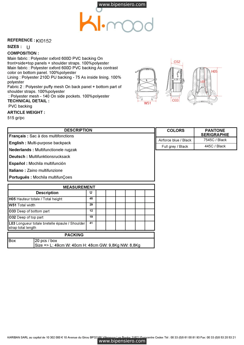 Scheda Tecnica - Tabella Taglie - KiMood KI0152