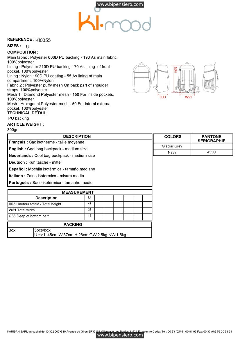 Scheda Tecnica - Tabella Taglie - KiMood KI0355