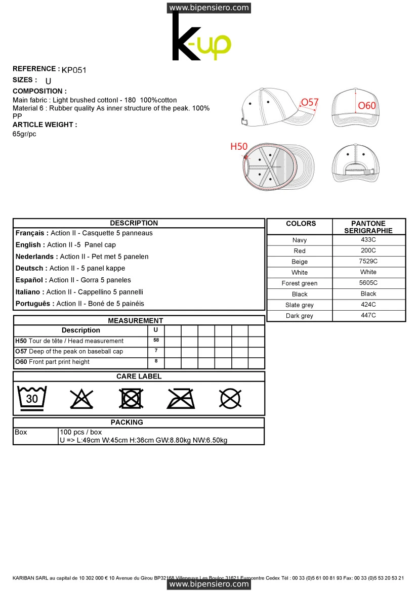 Scheda Tecnica - Tabella Taglie - K up KP051