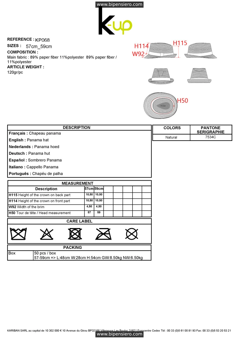 Scheda Tecnica - Tabella Taglie - K up KP068