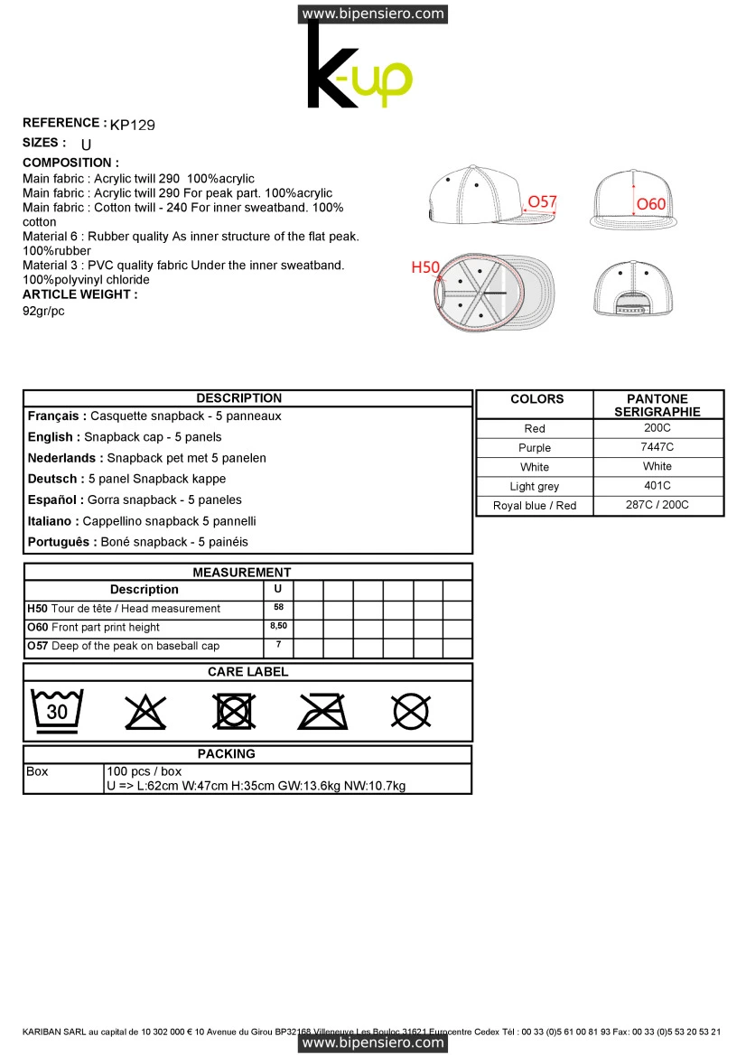 Scheda Tecnica - Tabella Taglie - K up KP129