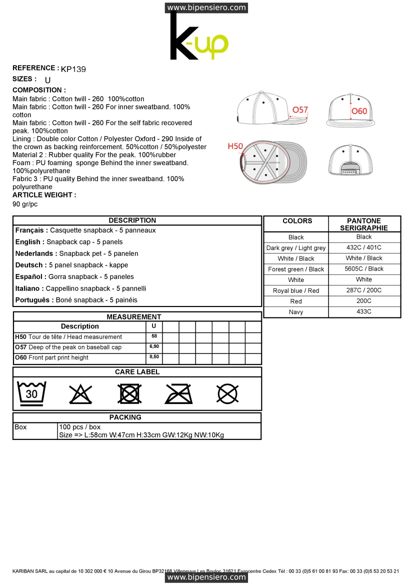 Scheda Tecnica - Tabella Taglie - K up KP139