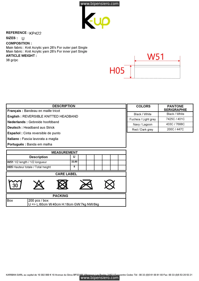 Scheda Tecnica - Tabella Taglie - K up KP422