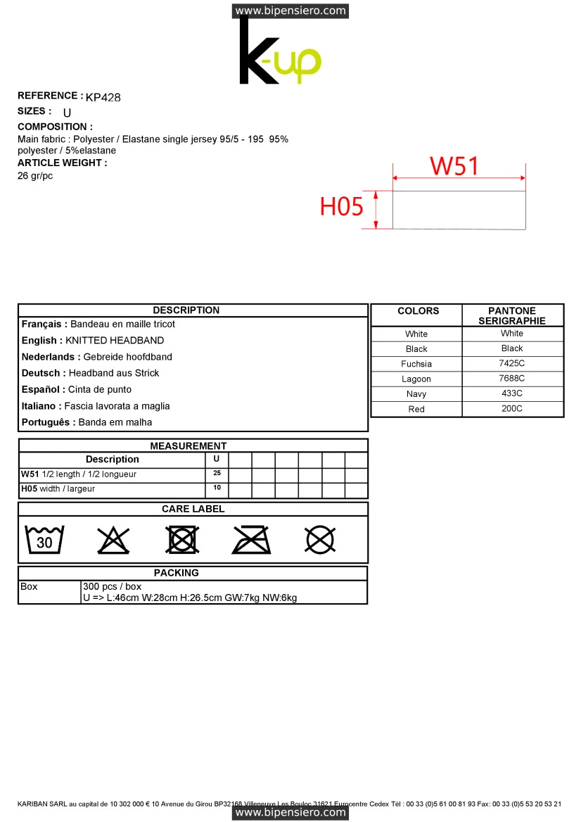 Scheda Tecnica - Tabella Taglie - K up KP428