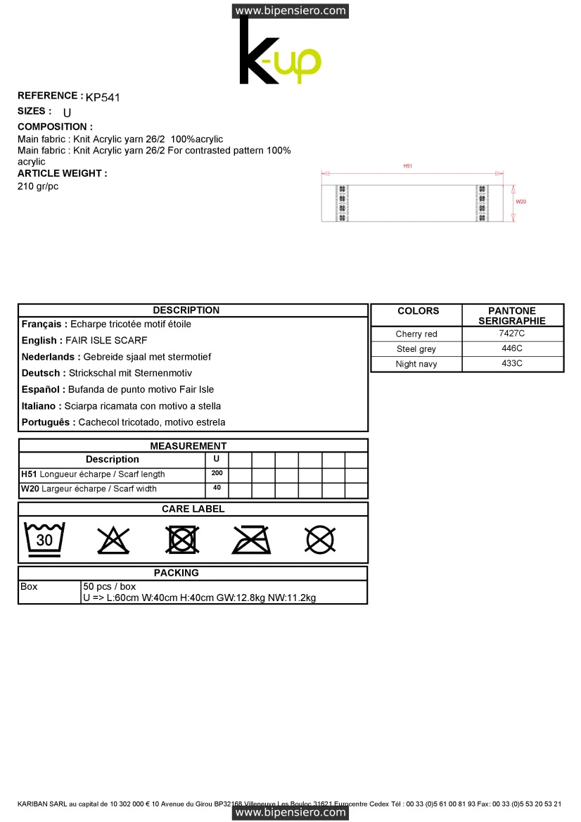 Scheda Tecnica - Tabella Taglie - K up KP541