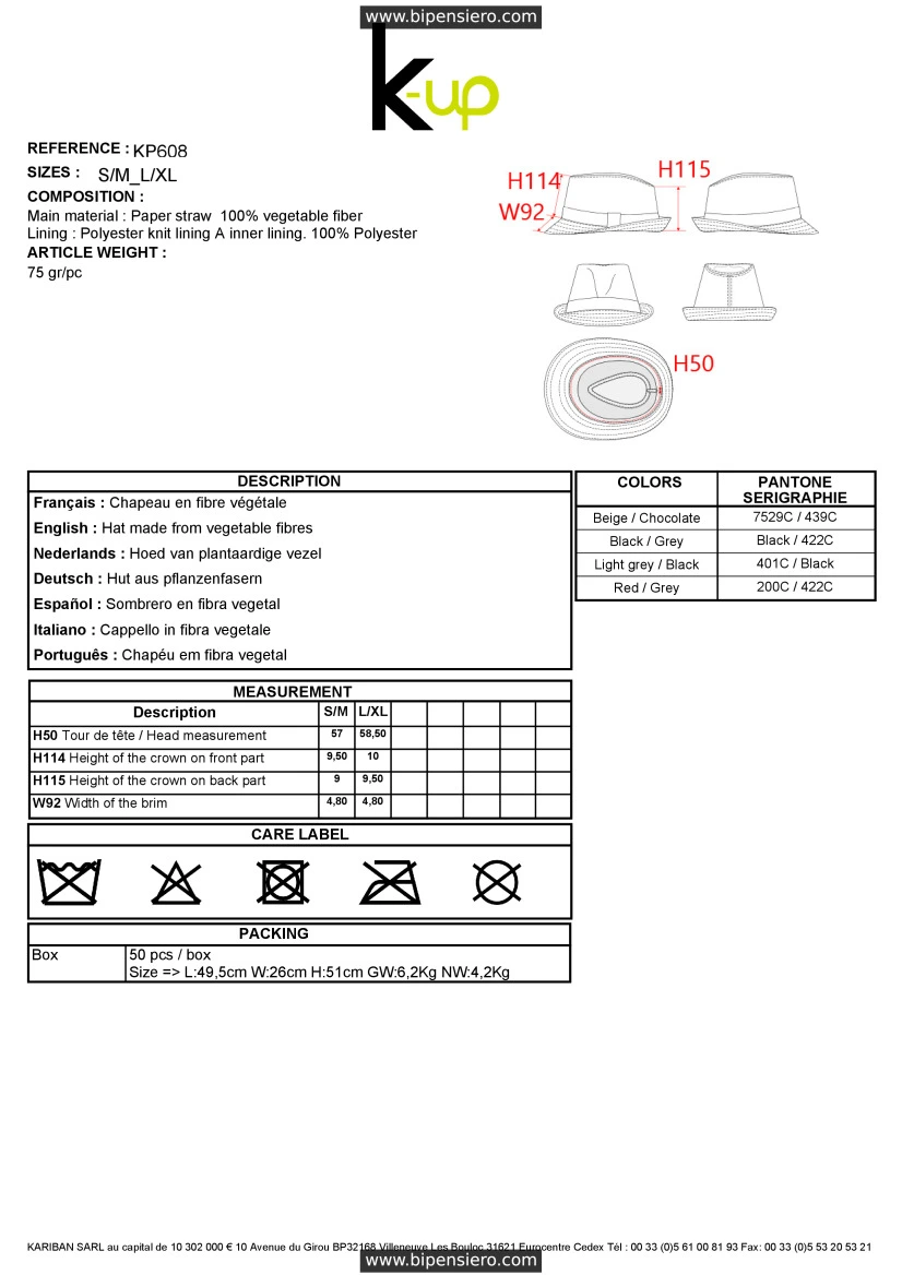 Scheda Tecnica - Tabella Taglie - K up KP608