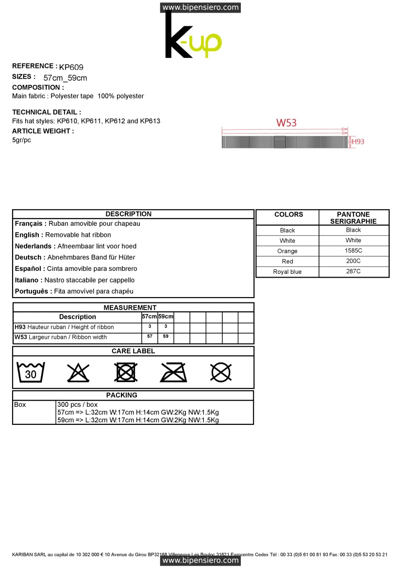 Scheda Tecnica - Tabella Taglie - K up KP609