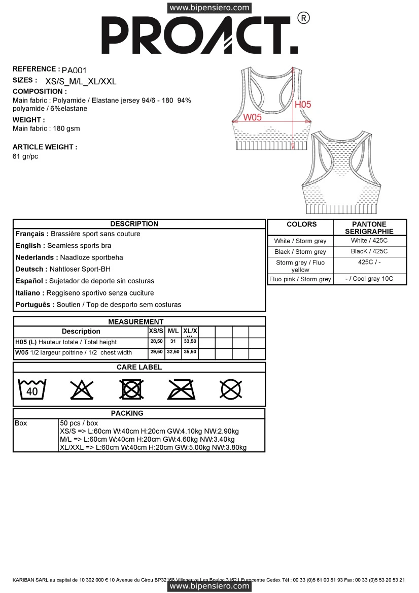 Scheda Tecnica - Tabella Taglie - Proact PA001