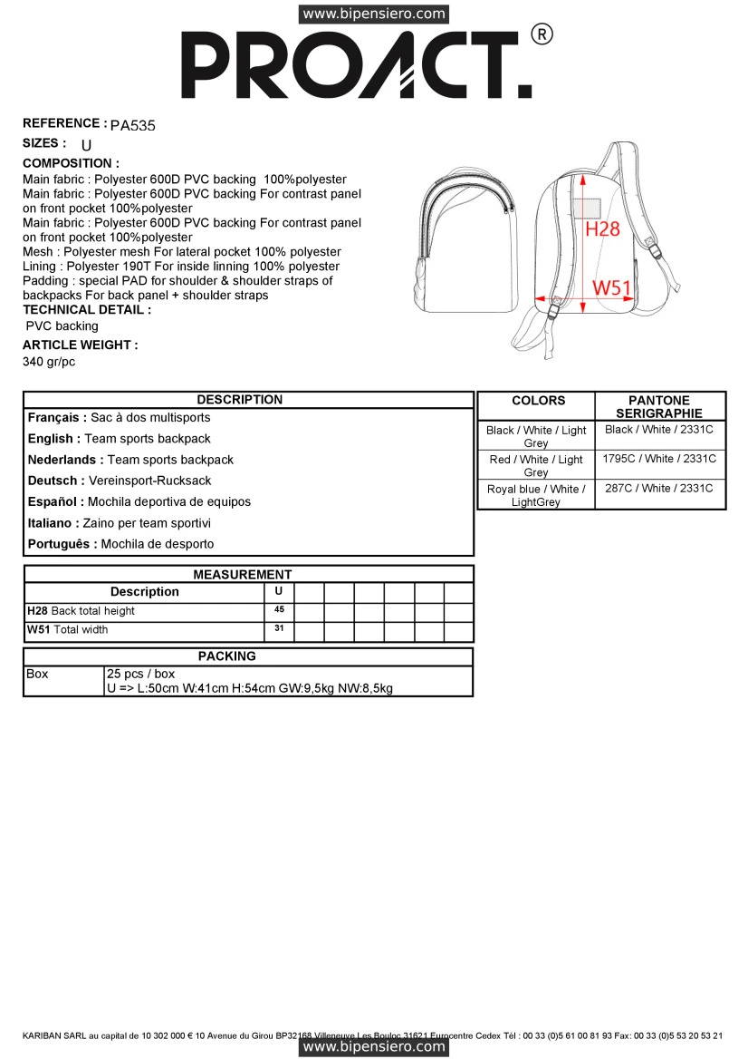 Scheda Tecnica - Tabella Taglie - Proact PA535