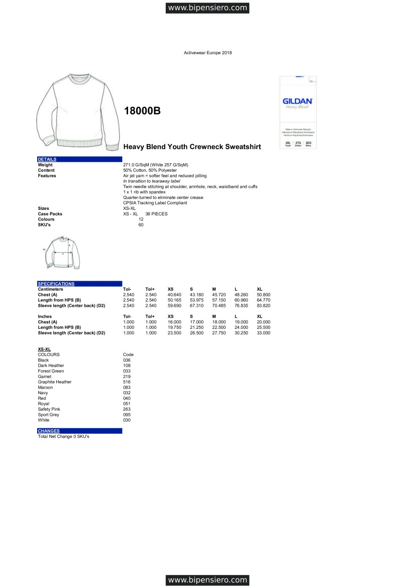 Scheda Tecnica - Tabella Taglie - Gildan GL18000B