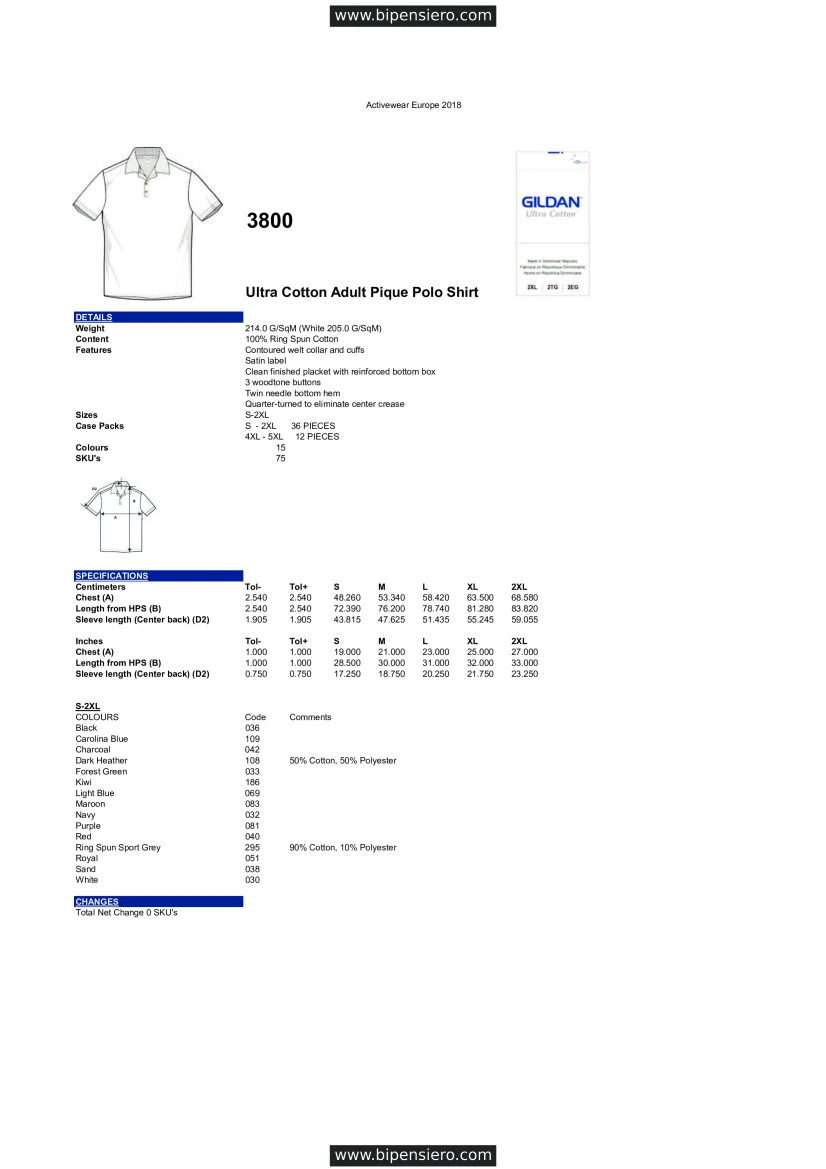 Scheda Tecnica - Tabella Taglie - Gildan GL3800