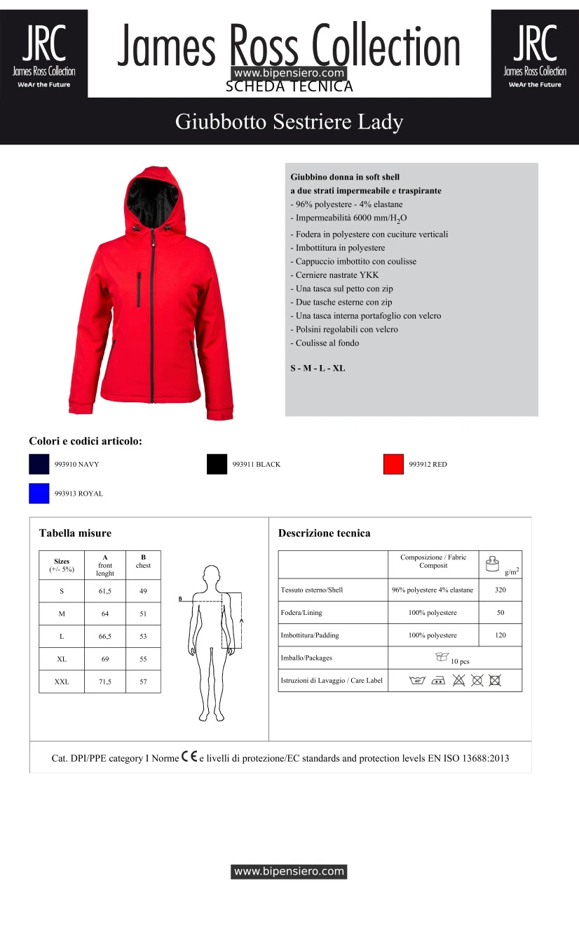 Scheda Tecnica - Tabella Taglie - James Ross Collection JRC-SESTRIERELADY