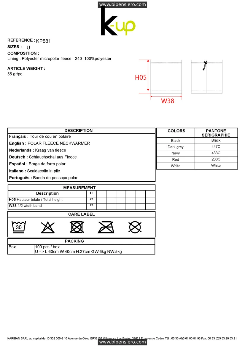 Scheda Tecnica - Tabella Taglie - K up KP881