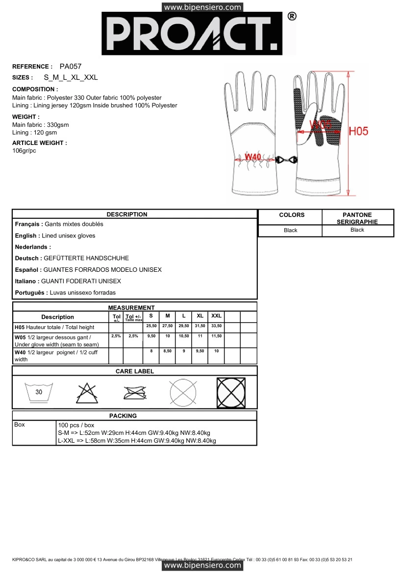 Scheda Tecnica - Tabella Taglie - Proact PA057