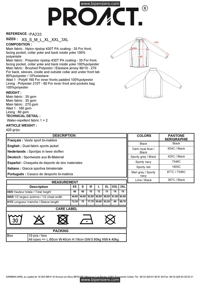 Scheda Tecnica - Tabella Taglie - Proact PA233