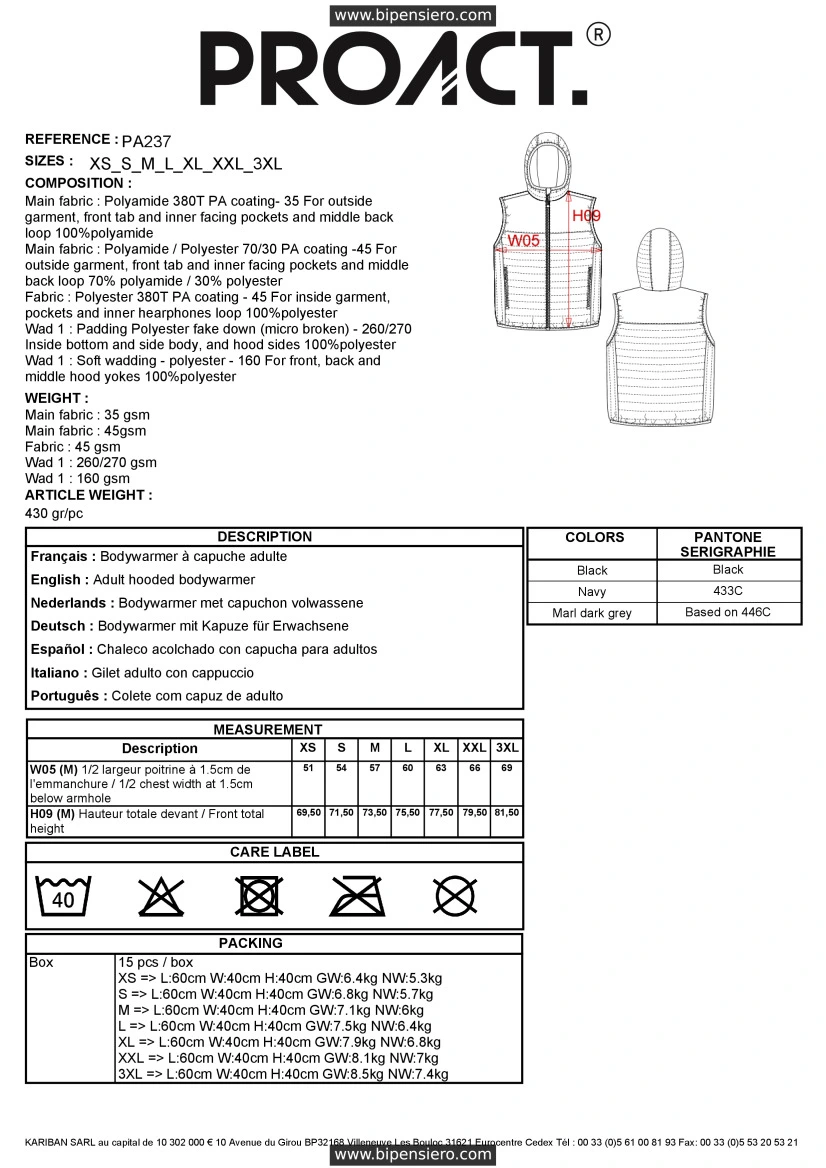 Scheda Tecnica - Tabella Taglie - Proact PA237