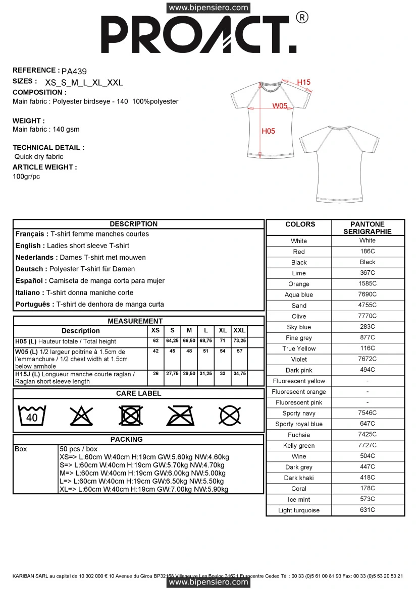 Scheda Tecnica - Tabella Taglie - Proact PA439