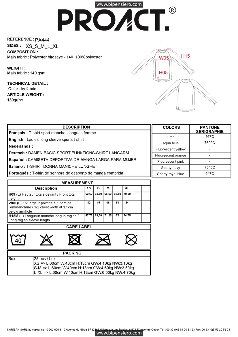 Scheda Tecnica - Tabella Taglie - Proact PA444