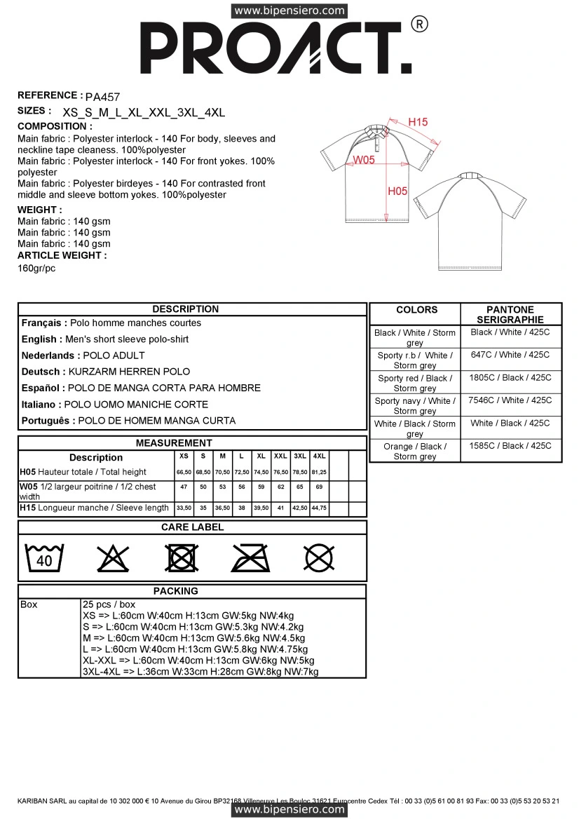 Scheda Tecnica - Tabella Taglie - Proact PA457