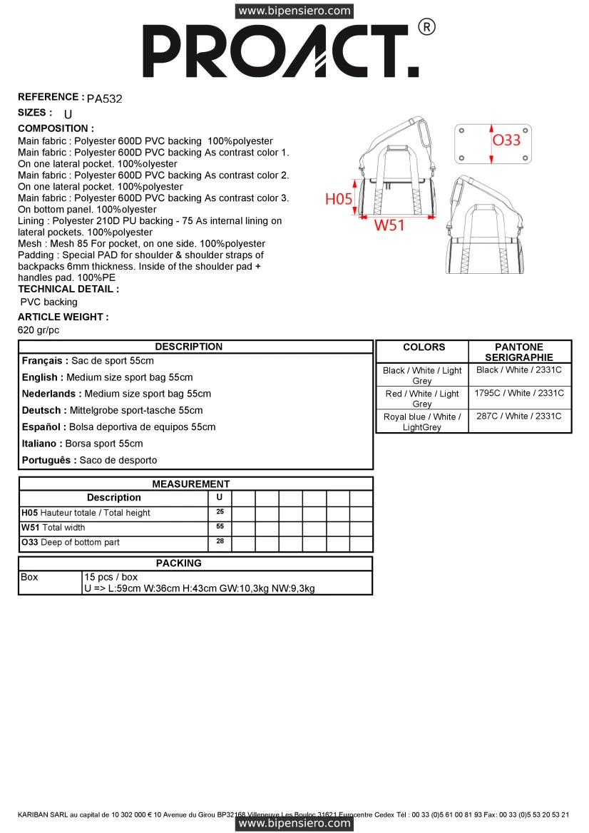 Scheda Tecnica - Tabella Taglie - Proact PA532