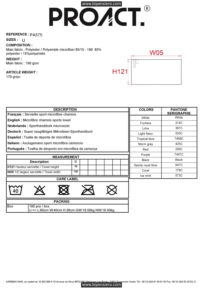 Scheda Tecnica - Tabella Taglie - Proact PA575